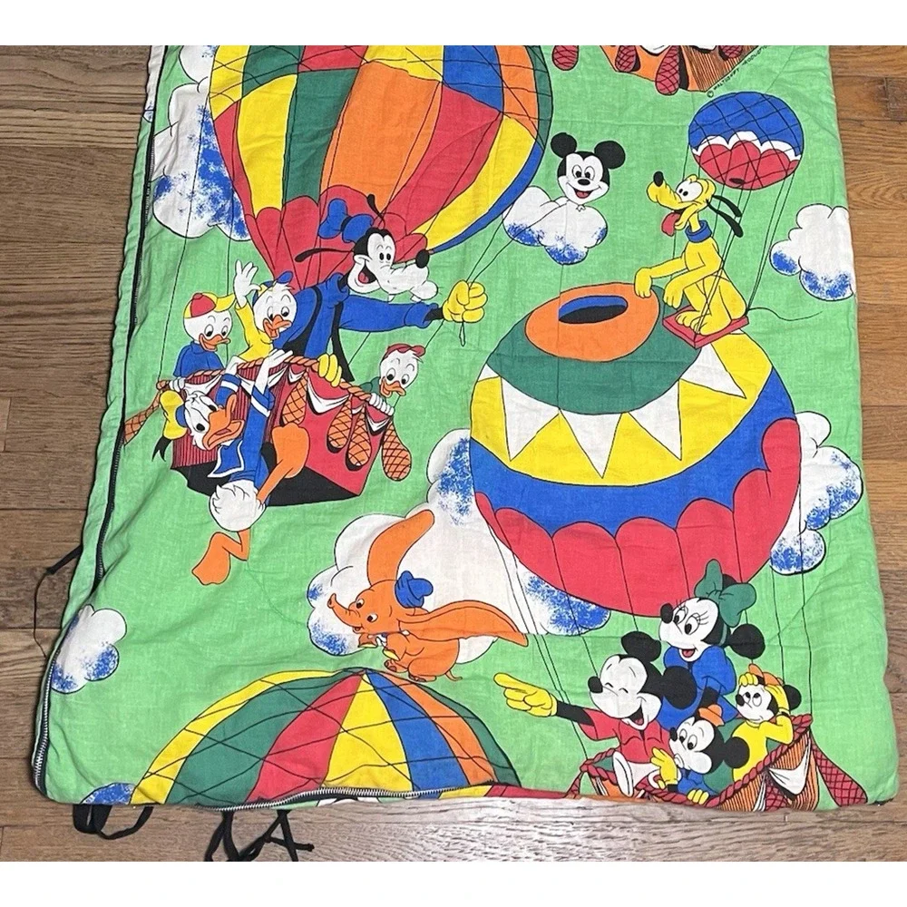 Vintage Disney Sleeping Bag Mickey Minnie Mouse Goofy Hot Air Balloon 32x60